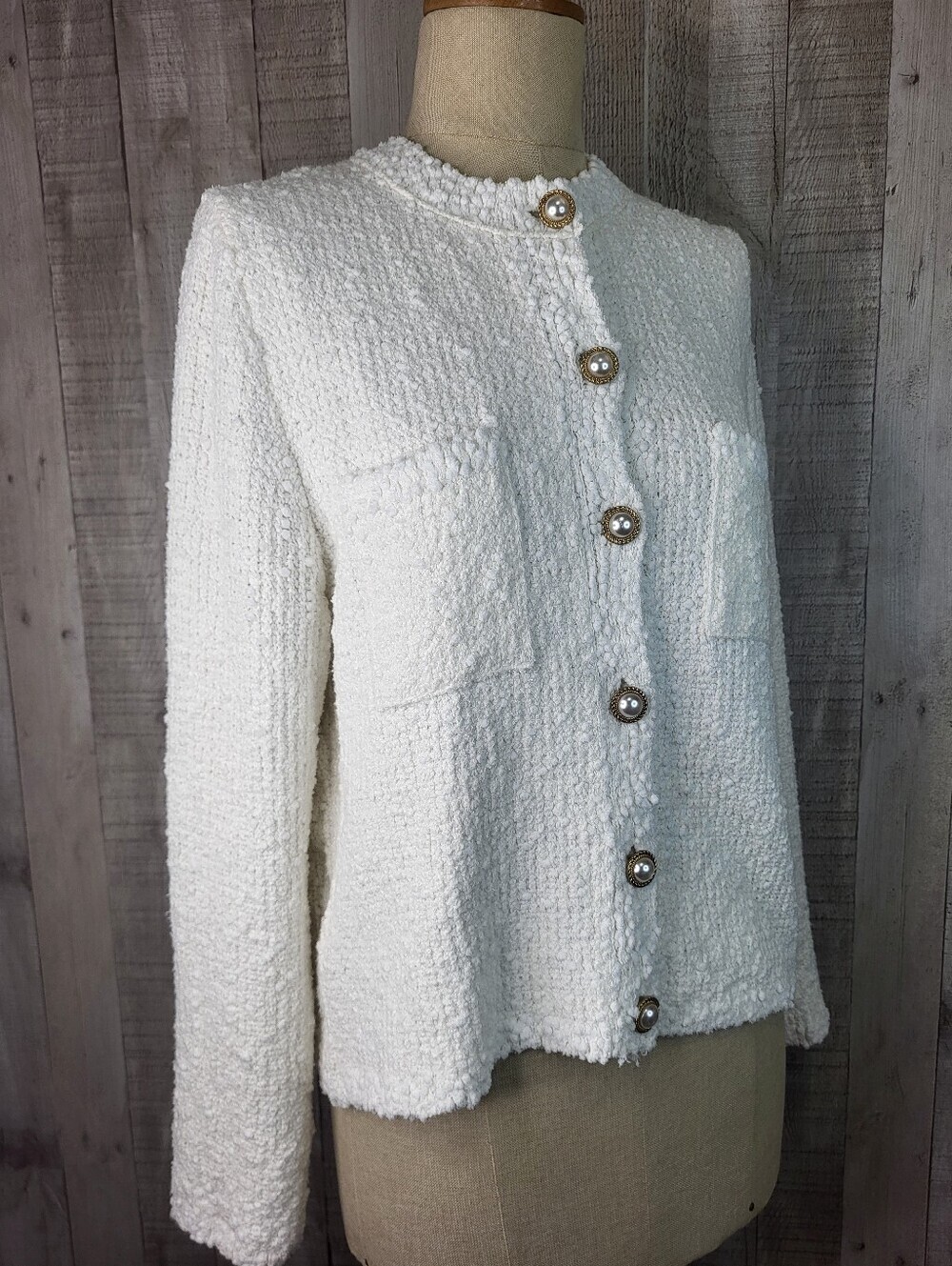 MNG Button Up Sweater/Jacket/Blazer Elegant Cream Bouclé Size Medium.